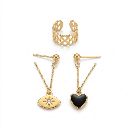 Set de Pendientes y Ear Cuff en Acero Dorado