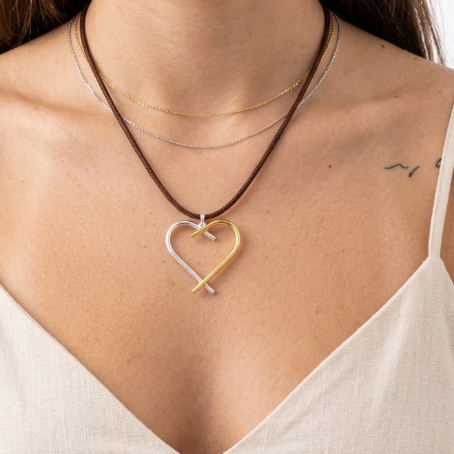 Collar  corazón bicolor plata 925 y baño de oro 18k